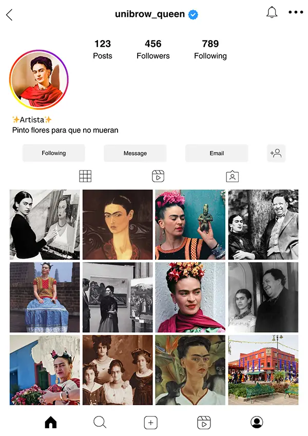 Frida Kahlo Instagram Page called "unibrow_queen"